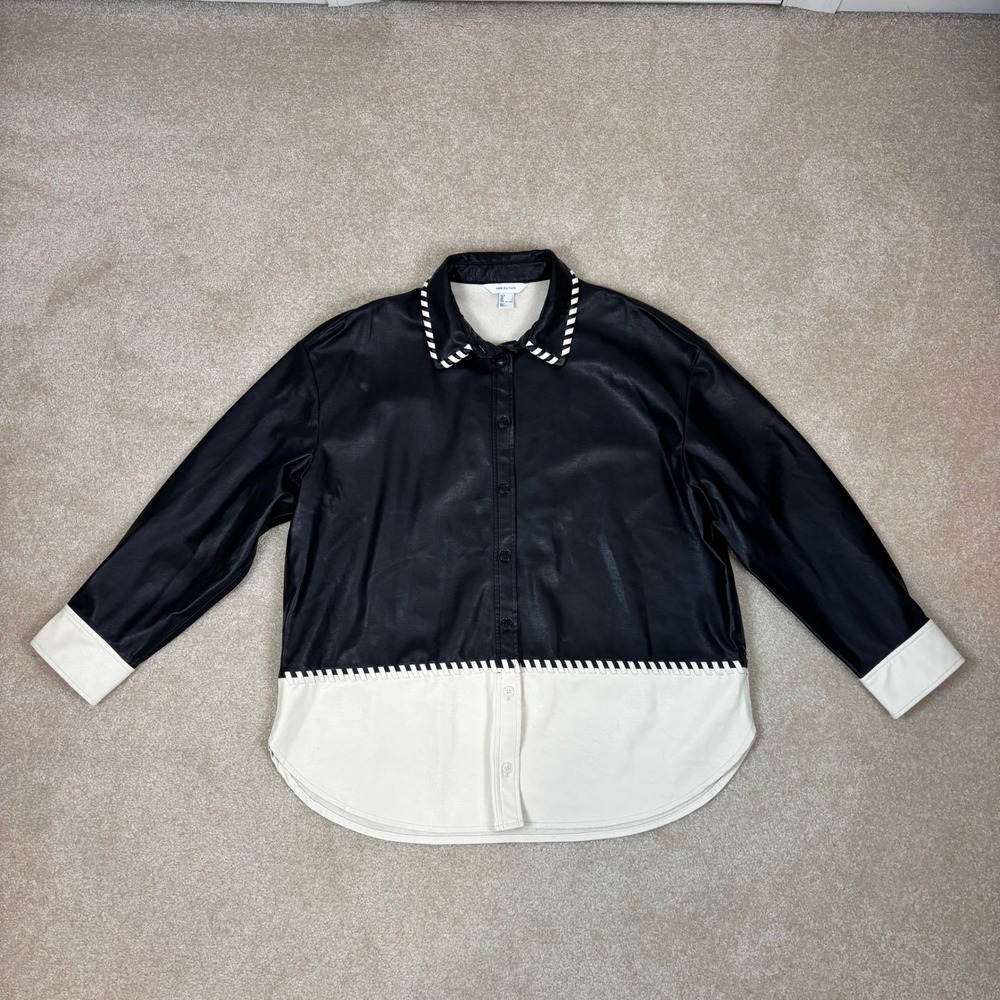 HM Edition Faux Leather Colorblock Whipstitch Button Down Shirt Black White L